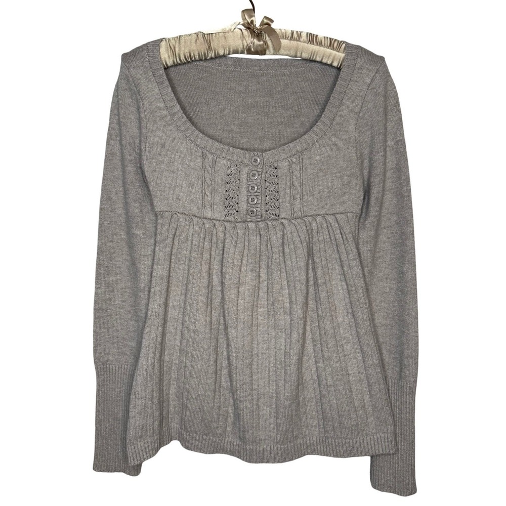 Y2K Gray Cable Knit Babydoll Henley Button Sweater Top Small 2000s